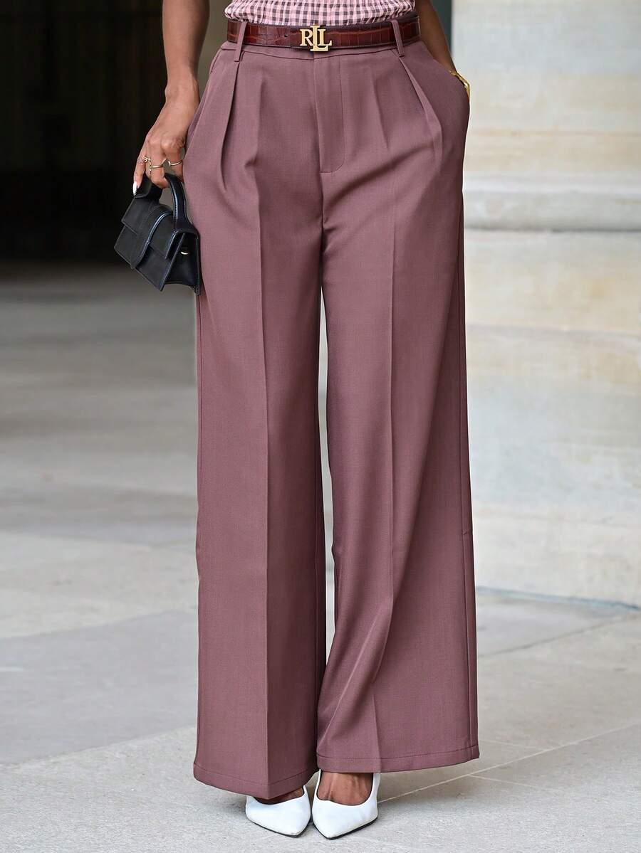 Mima John Maillard Wide Leg Elegant Modern High-Waisted Suit Pants, Vacation New Years - Rust Brown - View 1
