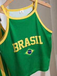 2pcs/Set Tween Girls' Brazil Team Green Striped Tank Top - Multicolor - View 3
