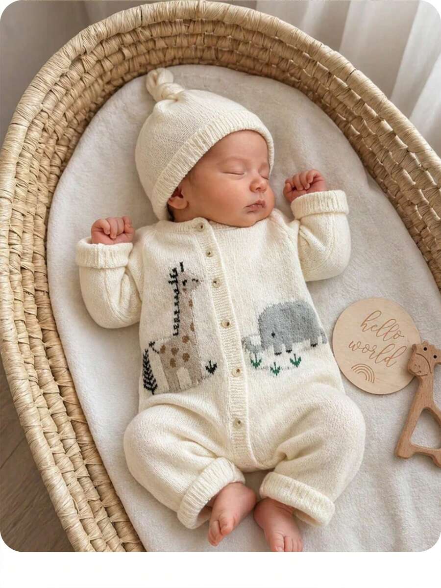SHEIN Bộ đồ liền thân dài tay in họa tiết hoạt hình dễ thương cho bé gái sơ sinh, Thu/Đông - trắng - Xem 1