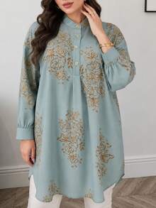 Solavon Plus Size Women Floral Print Long Sleeve Button Mandarin Collar Blouse - Multicolor - View 4
