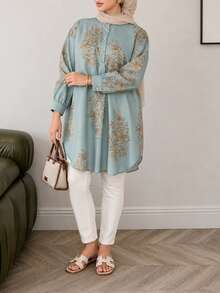 Solavon Plus Size Women Floral Print Long Sleeve Button Mandarin Collar Blouse - Multicolor - View 7