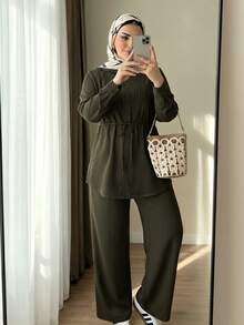 Solavon Plus Size Solid Color Long Sleeve Top And Long Pants 2 Pieces Set Elegant - Army Green - View 3