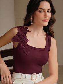 Anewsta Fashionable Fitted Embroidered Seamless Ribbed Tank Top - Burgundy - View 2