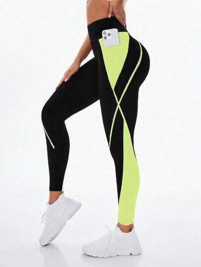 Exploreva Quần legging nữ dáng ôm, kẻ sọc phối màu tương phản, kiểu dáng thường ngày.