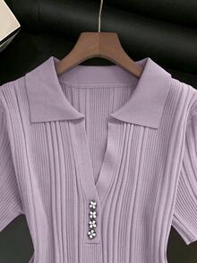 Franclia 女士优雅法式休闲复古温柔通勤时尚设计假日约会度假拍照Polo领短袖花卉纽扣罗纹修身修身浅蓝色长款加大码毛衣连衣裙 - 紫色 - 查看 3
