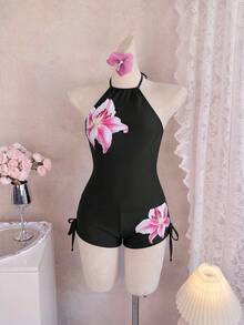 Swim Lushoire 女士夏季度假沙滩印花吊带背心套装 - 黑色 - 查看 2