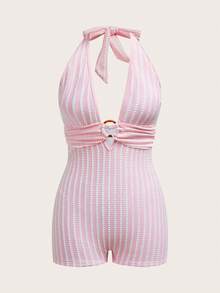 SHEIN Bộ jumpsuit nữ mùa hè màu hồng sọc, chất liệu dệt kim, kiểu dáng thanh lịch, hở lưng, cổ tròn, thích hợp cho kỳ nghỉ. - Hồng - Xem 2