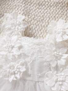 2 piezas Conjunto de vestido elegante para bebé niña recién nacida | Encaje blanco + Falda de tul con decoración floral 3D, estilo dulce y delicado adecuado para fiesta, sesión de fotos, ocasiones festivas, suave y cómodo, artículo de regalo encantador - Blanco - Ver 8