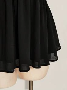 SHEIN ICON 女款夏季黑色極簡純色V領荷葉袖收腰迷你洋裝 - 黑色 - 查看 8