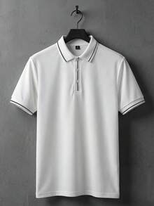 Manfinity CasualCool Men's Casual Everyday Commute Minimalist Contrast Piping Short Sleeve Polo Shirt, Summer, Formal - White - View 3