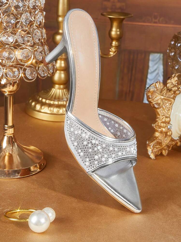 CUCCOO TILAWA Women's Fashion, Women's High-Heeled Sandals, Silver-White, Pearl Rhinestones, Mesh Material, Pointed, Commuting, Comfort, Indoor, Office, Street, Party, Travel, Vacation, Spring And Summer, Suitable For Dresses, Jeans, Shorts, Stiletto Slippers