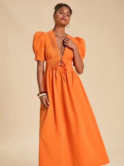 Travachic Vestido elegante de vacaciones tropicales de verano con nudo delantero y mangas de pétalo, vestidos para mujer para atuendos de fiesta casual en color naranja quemado