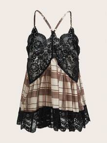 Easelle Bohemian Sexy Lace Patchwork Plaid Romantic Vacation Camisole For Women Night Out Beige Summer - Multicolor - View 4