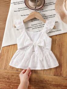 SHEIN LMoss Kids 女童白色刺绣蝴蝶结背心，百搭夏季度假装 - 白色 - 查看 5