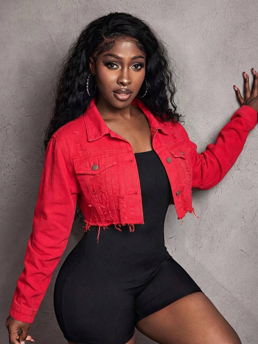 Slaydiva Women's Denim Jacket, Solid Color Short Style With Frayed Hem, Fashion For Summer - Red - View 1