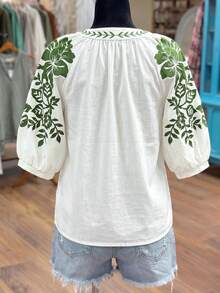 Linhara Áo sơ mi tay lửng 3/4 in hoa màu xanh dương, thời trang, thoải mái, phong cách retro, thanh lịch, phù hợp cho kỳ nghỉ hoặc đi làm. - màu xanh lá - Xem 2