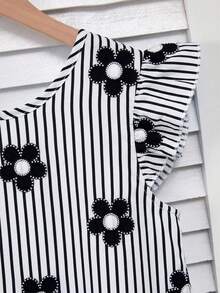 Tween Girls Sweet Spring Tropical Bowknot Round Neck Sleeveless Ruffle Hem Cap Sleeve Mid-Length Dress, Spring/Summer Resort - Black - View 5