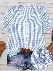 Linhara Plaid Ruffle V-Neck Blouse For Women, Puff Sleeve Casual Top, Plus Size Summer New Arrival - Blue and White - View 1