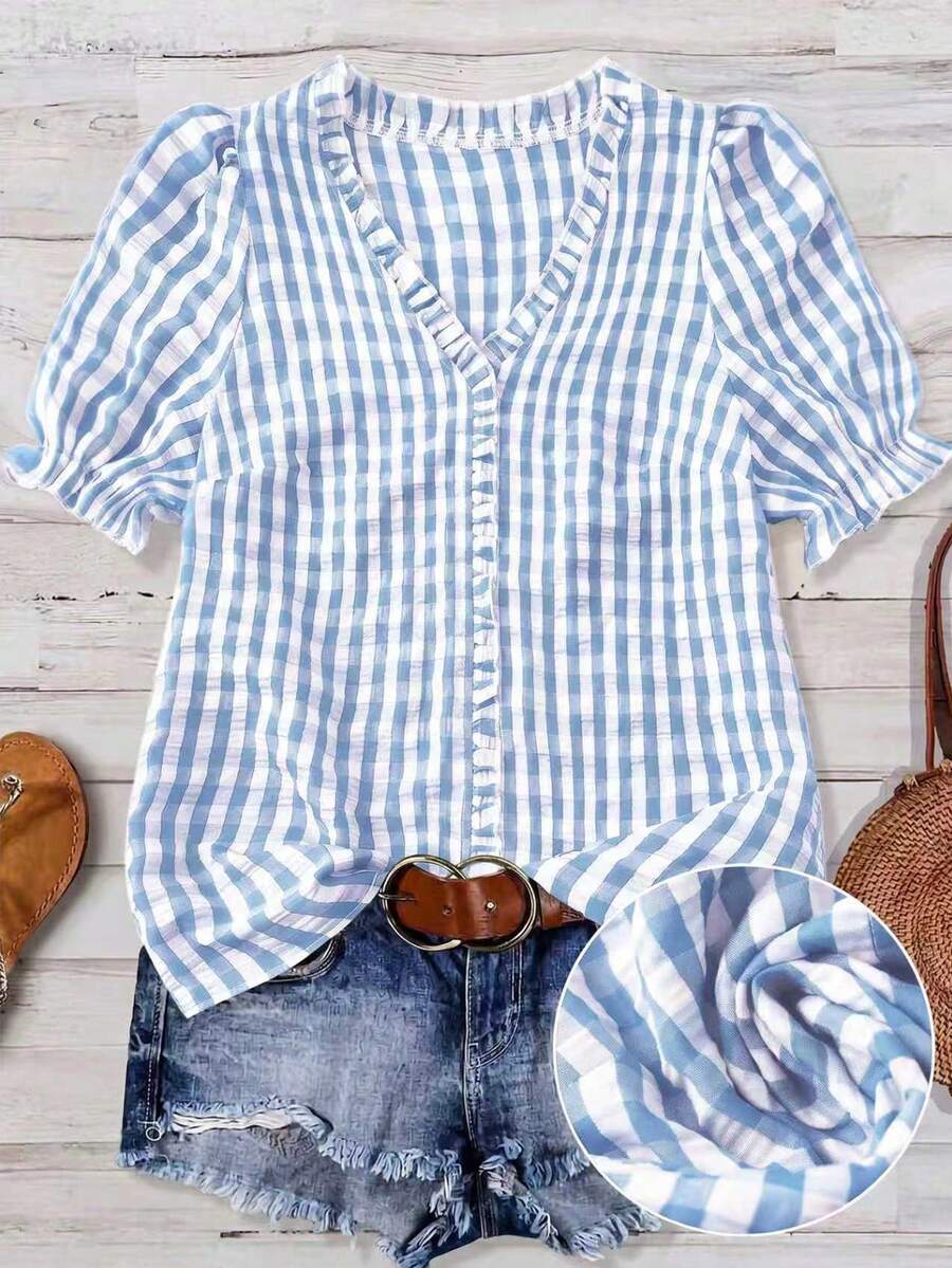 Linhara Plaid Ruffle V-Neck Blouse For Women, Puff Sleeve Casual Top, Plus Size Summer New Arrival - Blue and White - View 1