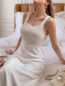Crystal Vow 2 件套女士浪漫婚礼睡衣套装，节日季舒适优雅细节 - 白色 - 查看 4