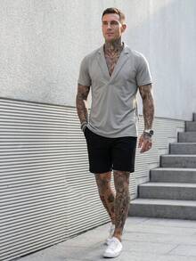 Manfinity CasualCool T-shirt casual da uomo con colletto alla coreana, versatile, a maniche corte, per uso quotidiano e vacanze - Grigio - Visualizzare 7