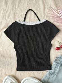SHEIN Girlism Áo thun ngắn tay ôm sát, co giãn, màu trơn, cổ chữ V, viền ren, trang trí nơ ruy băng, dành cho bé gái tuổi teen, màu đen, kiểu Y2K. - màu đen - Xem 4