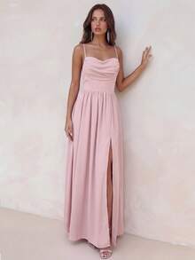 Aloruh Thiết kế túi cổ phía trước thanh lịch Phía sau xuyên thấu có chi tiết buộc dây Váy chữ A xẻ cao, Váy phù dâu (Người lớn) - Bụi hồng - Xem 6