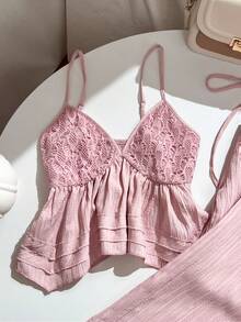 Elamini Damen Set: Trägershirt, strukturierte Patchwork-Optik, gerade Hose mit Kordelzug und Taschen - Pink - Übersicht 4