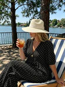 Enliva Plus Size Women's Polka Dot Ruffle Puff Sleeve 2 Piece Set, V-Neck Top With Elastic Waist Pants, Suitable For Apple And Curvy Figures - Multicolor - View 3
