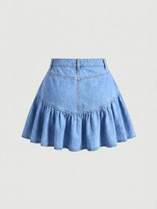 SHEIN MOD Falda vaquera casual y versátil con volante en el bajo para mujer - Lavado ligero - Ver 2