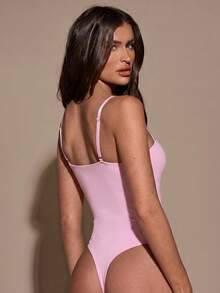 SHEIN BAE Women's Solid Color Minimalist Casual Bodysuit Club Night Light Pink Summer - Baby Pink - View 2