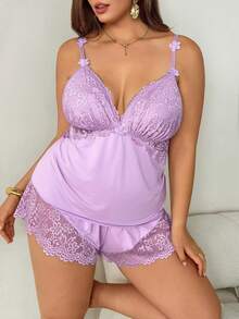 SHEIN Privé Plus Size Lace Patchwork Elastic Knit Sexy Backless Camisole & Shorts Pajama Set Purple Sleepwear Set For Women Sexy Elegant Lace Sleepwear Outfit Set For Women - Mauve Purple - View 6