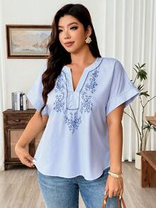 Weeklong Plus Size Women V-Neck Cutout Shoulder Striped Print Casual Vacation Shirt - Blue - View 4