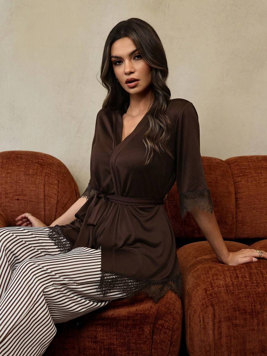 HautHeat Women's Lace Trim Robe With Waist Tie And Striped Print Pants Pajama Set, Suitable For Spring, Summer And Autumn - Rust Brown - View 1