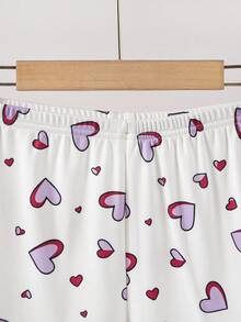 4pcs Girls Elastic Knit Short Sleeve Shorts Pajama Set With Bow & Heart Design, Comfortable & Soft, Best Gift For Teenage Girls - Purple - View 4