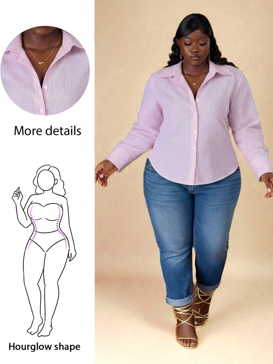 CurvyTilda 大码竖条纹简约休闲系带长袖衬衫，秋冬