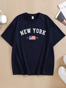 SHEIN Teen Boy Teen Boy Casual Minimalist Round Neck Short Sleeve T-Shirt, Suitable For Summer - Royal Blue - View 5