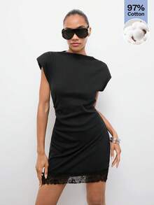 Maija Summer Black Elegant Date Night Ribbed Short Dress,Lace Patchwork Cinched Waist Fitted Urban Elegant Vibe For Women Party Cocktail Wedding Guest - Black - View 4