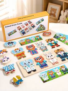 MINKOJA Kids Wooden Animal Dress-Up Puzzle Educational Career Recognition Matching Game Hand-Eye Coordination & Focus Training Role-Play Montessori Early Learning Toy - Multicolor - View 2