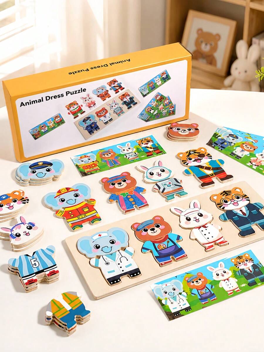 MINKOJA Kids Wooden Animal Dress-Up Puzzle Educational Career Recognition Matching Game Hand-Eye Coordination & Focus Training Role-Play Montessori Early Learning Toy