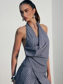 Hauture Women's Sleeveless Ruched Backless Striped Elegant Blouse, Old Money, Sophisticated Top, Work, Brunch, Baby Showers, Dates, Night Out, Wedding - Navy Blue - View 2