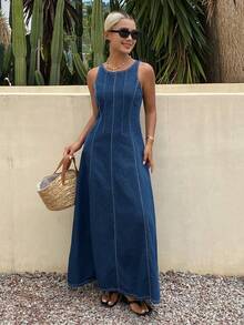 Livesso Đầm denim nữ màu xanh nhạt cổ điển, phối eo, phong cách tối giản, thanh lịch, thích hợp cho kỳ nghỉ, đi biển hoặc đi làm, dáng suông, mùa xuân và hè. - Rửa tối - Xem 1