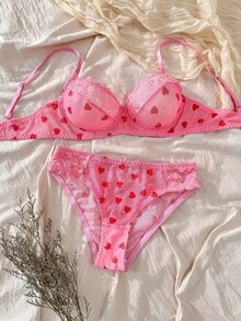 CottageSlumber 2 piezas Conjunto de lencería con estampado de corazón y parches de encaje romántico, fresco y lindo - Rosa - Ver 6