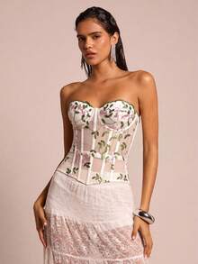 SHEIN Glamour Women's Botanical Embroidered Mesh Bustier Top - White - View 5