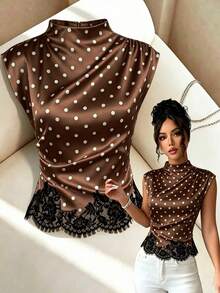 GlowEve Women's Brown And White Polka Dot, Summer, 70s, Party Stand Collar Asymmetric Ruffle Lace Splice Elegant Casual Commute Daily Wear Blouse Women's Top - Brown - View 7