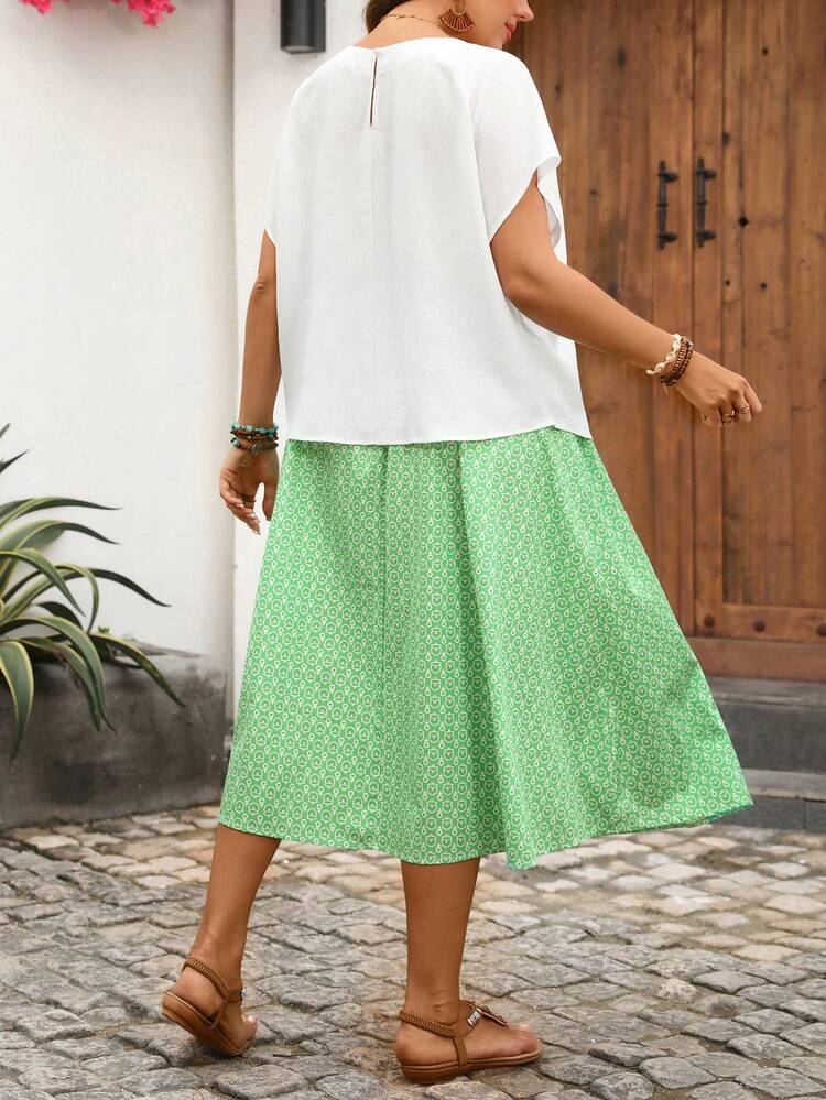 2pcs/Set Plus Size Women Summer Casual Vacation Country Solid Color Round Neck Top And Floral Print Mini Skirt 2 Piece Set, Casual Daily Wear,Country Concert Outfit,Festival Outfits For Women,Festa Junina,Skirt Set