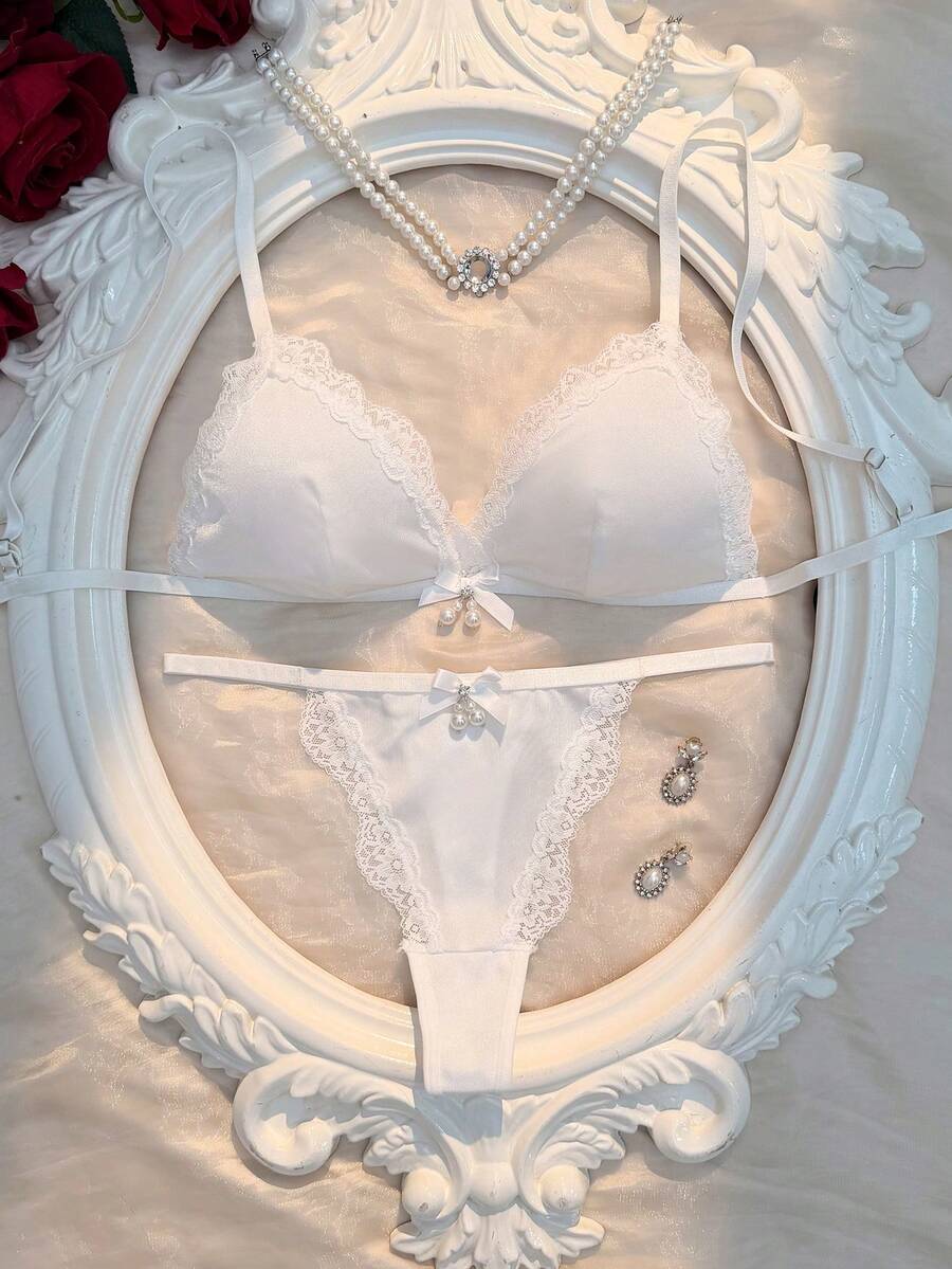 Crystal Vow Bộ đồ lót nữ gợi cảm 2 món bằng satin Pháp và ren phối ren, cúp ngực tam giác. - trắng - Xem 1