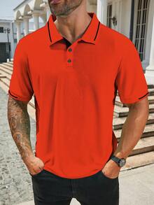 Manfinity Homme 男士大尺碼休閒日常與辦公通勤對比飾邊短袖 Polo 衫，夏季，正式 - 橘色 - 查看 3