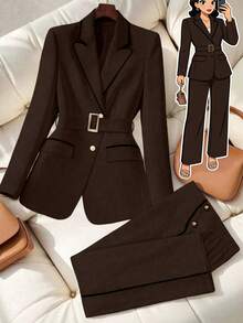 GlowEve CURVE Plus Size Women Patchwork Elegant Blazer + Straight Leg Pants, Commuter Outfit - Brown - View 1