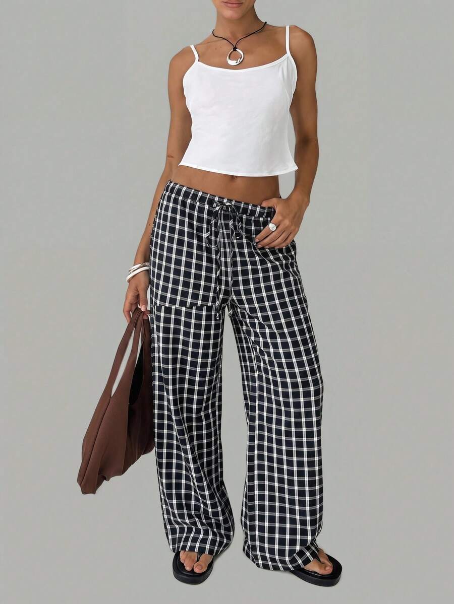 SHEIN BASICS 女款秋季居家休閒長褲 黑白格紋休閒款 - 彩色 - 查看 1
